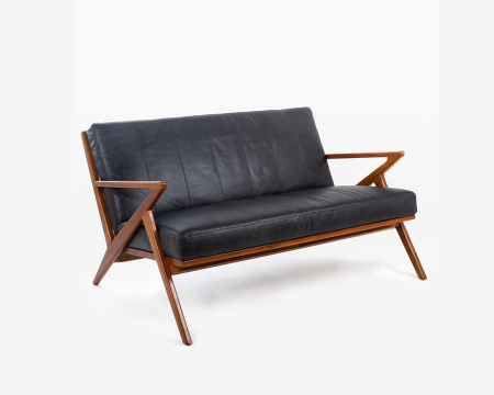 Amager Retro Loveseat solid teak Z frame Italian distressed leather front angle view