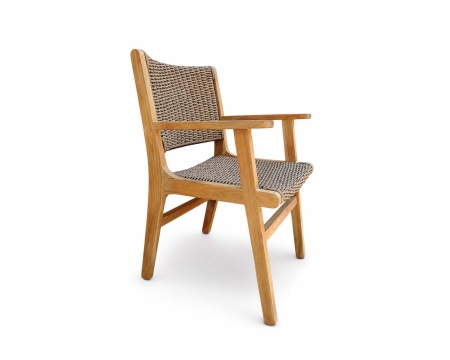 Solid teak armrest dining arm chair side profile view