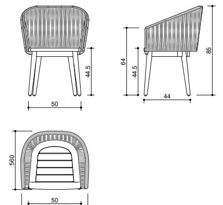 Mamoratta Dining Chair solid teak seat charcoal rope barrel back front view demensions