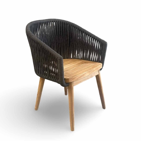 Mamoratta Dining Chair charcoal rope weave back angle view teak legs
