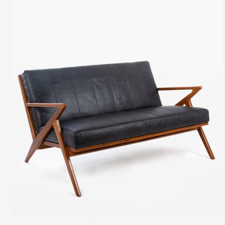 Amager Retro Loveseat solid teak Z frame Italian distressed leather front angle view