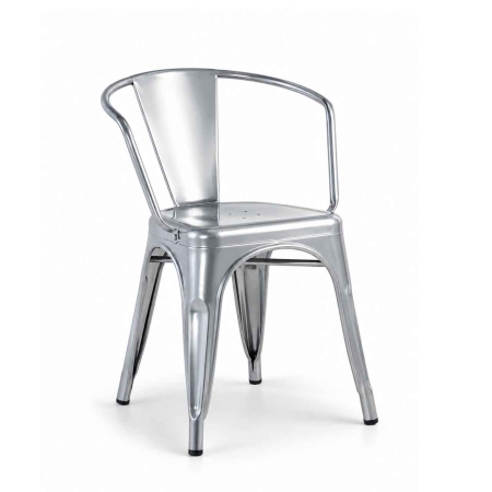 Antibes stacking steel arm chair silver front three-quarter view
