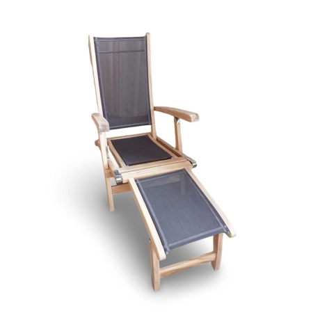 New Port Deck Chair solid teak folding frame charcoal mesh reclined footrest