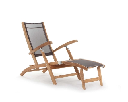New Port Deck Chair solid teak folding frame charcoal mesh reclined footrest