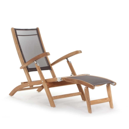 New Port Deck Chair solid teak folding frame charcoal mesh reclined footrest