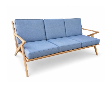 Amager Retro 3 Seater blue fabric solid teak Z frame sofa front view