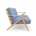 Blue upholstered 3 seater sofa teak angular frame living room