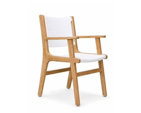 Teak arm chair side angle view Standard weave seat back