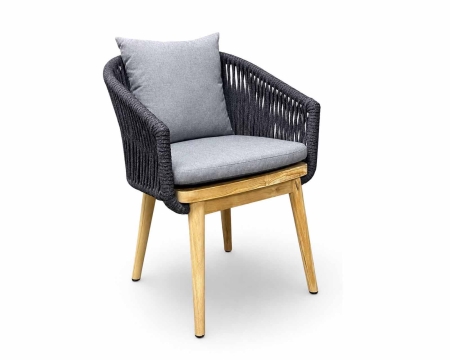 Mamoratta Dining Chair solid teak seat charcoal rope barrel back front view